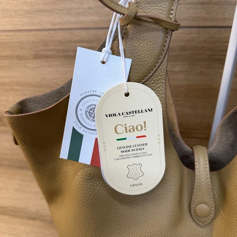 NWT Viola Castellani Tan Leather Hobo Bag Made in Italy Convertible Shopper Tote